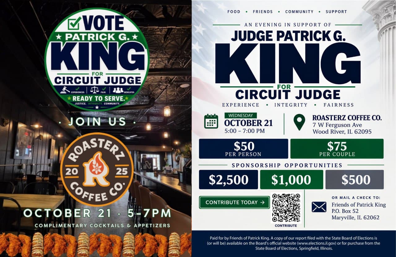 Flyer for an evening in support of Judge Patrick G. King at Roasterz Coffee Co.